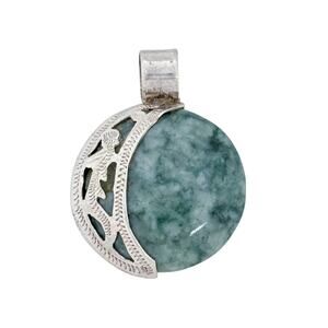 Vintage Sterling Silver 925 Green Nephrite Jade Reversible Sun Moon Pendant